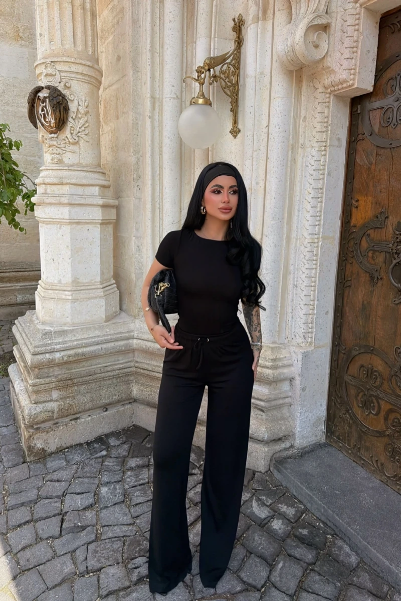 Siyah Kayık Yaka Viskon İkili Takım