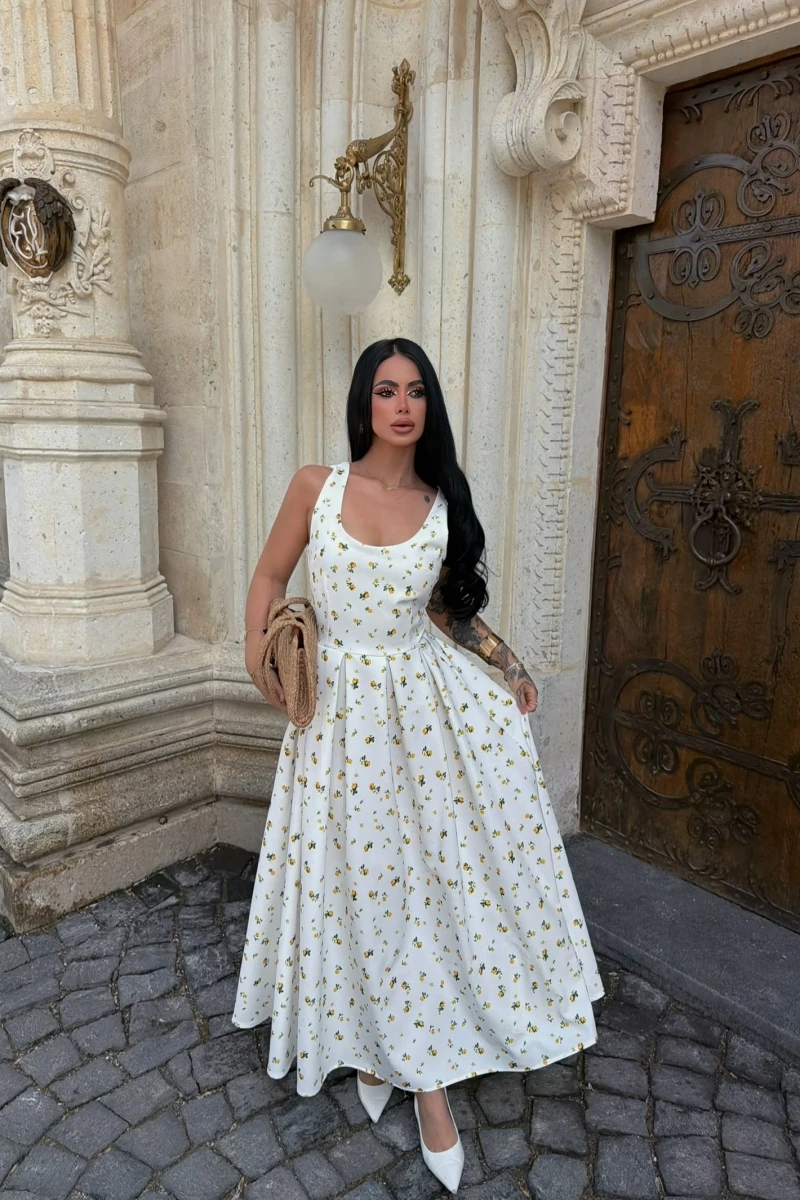 Sarı Spring Çiçek Desenli Elbise