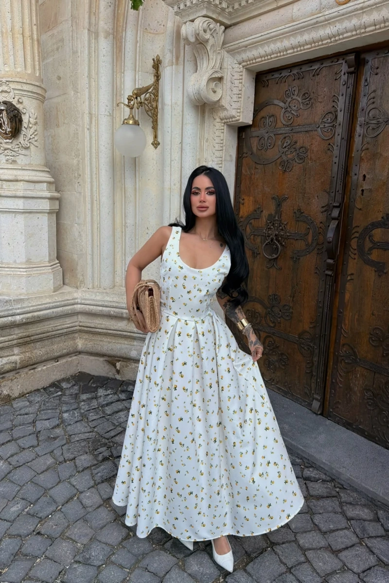 Sarı Spring Çiçek Desenli Elbise