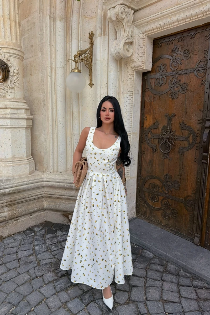 Sarı Spring Çiçek Desenli Elbise