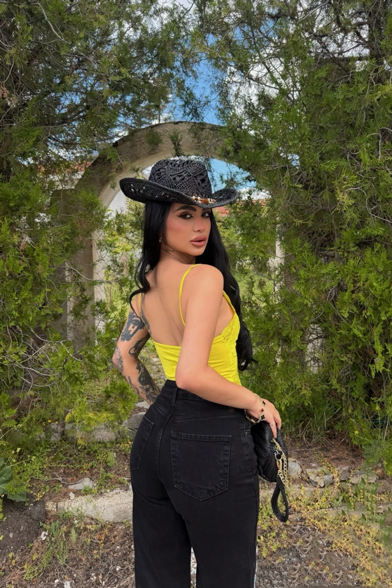 Sarı Neon Güpürlü Bodysuit