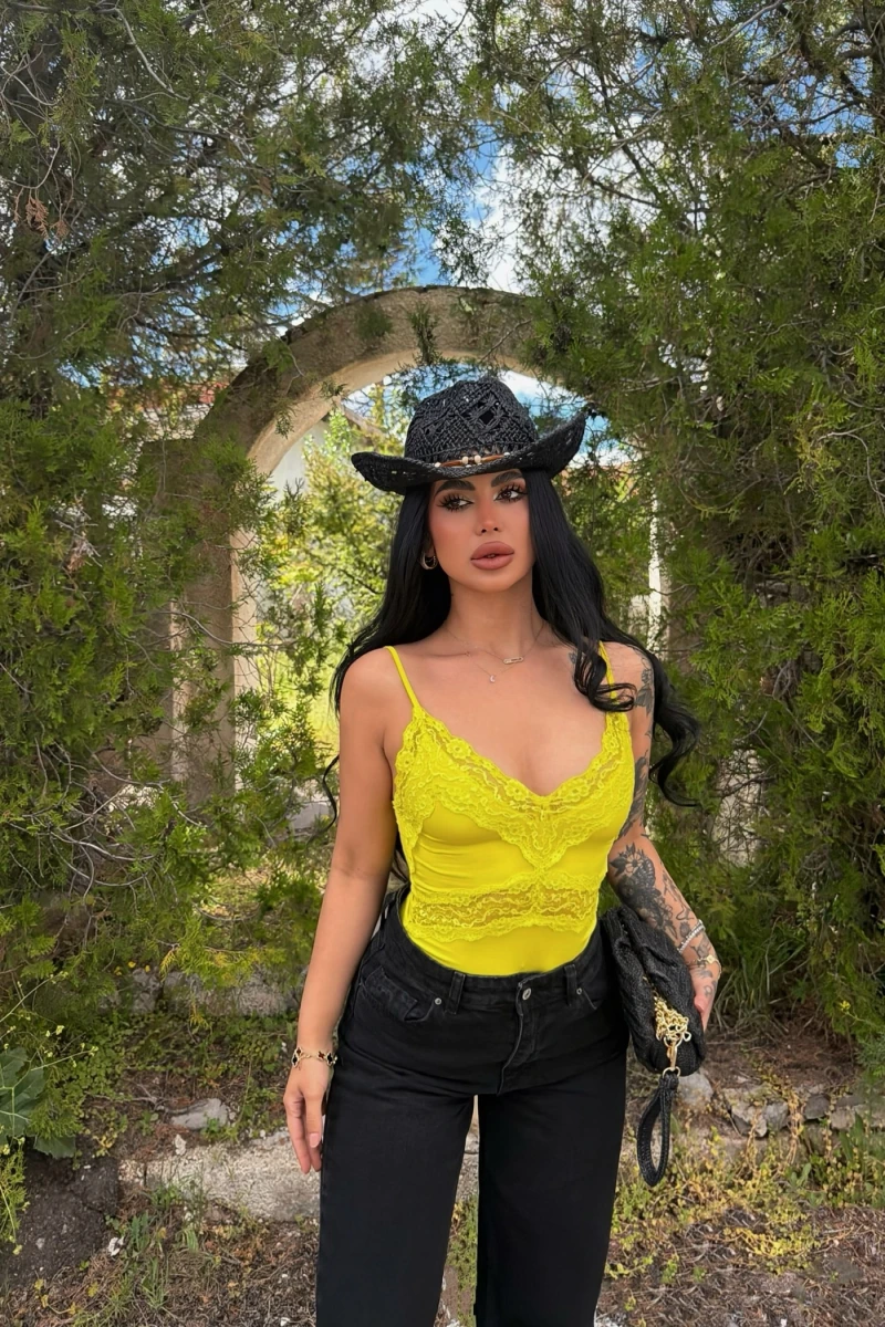Sarı Neon Güpürlü Bodysuit