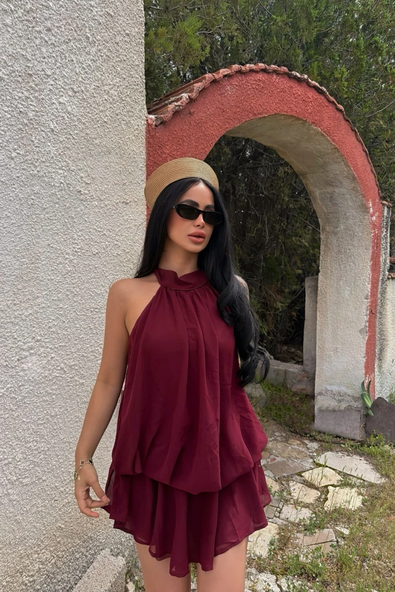 Bordo Şifon Boyundan Geçmeli Elbise