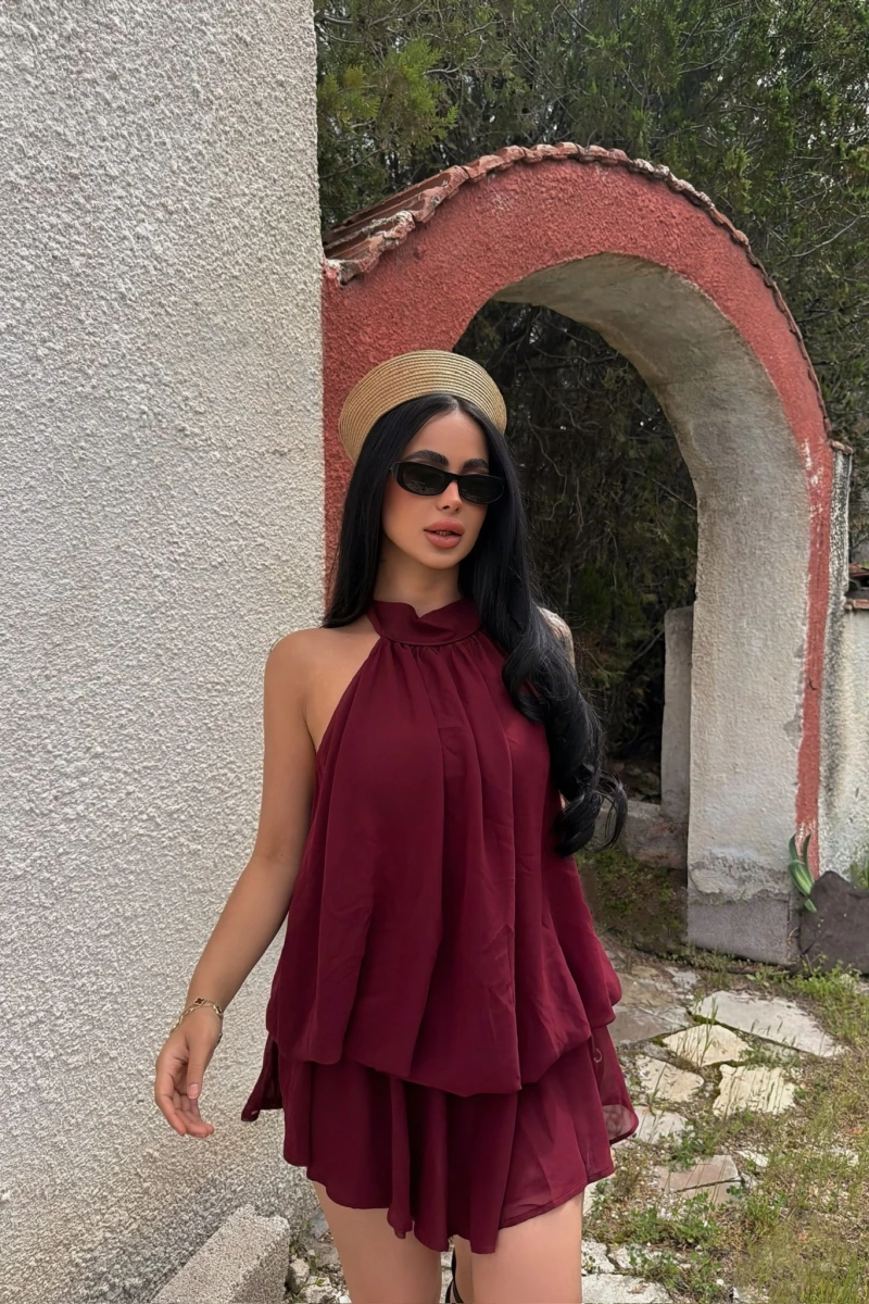 Bordo Şifon Boyundan Geçmeli Elbise