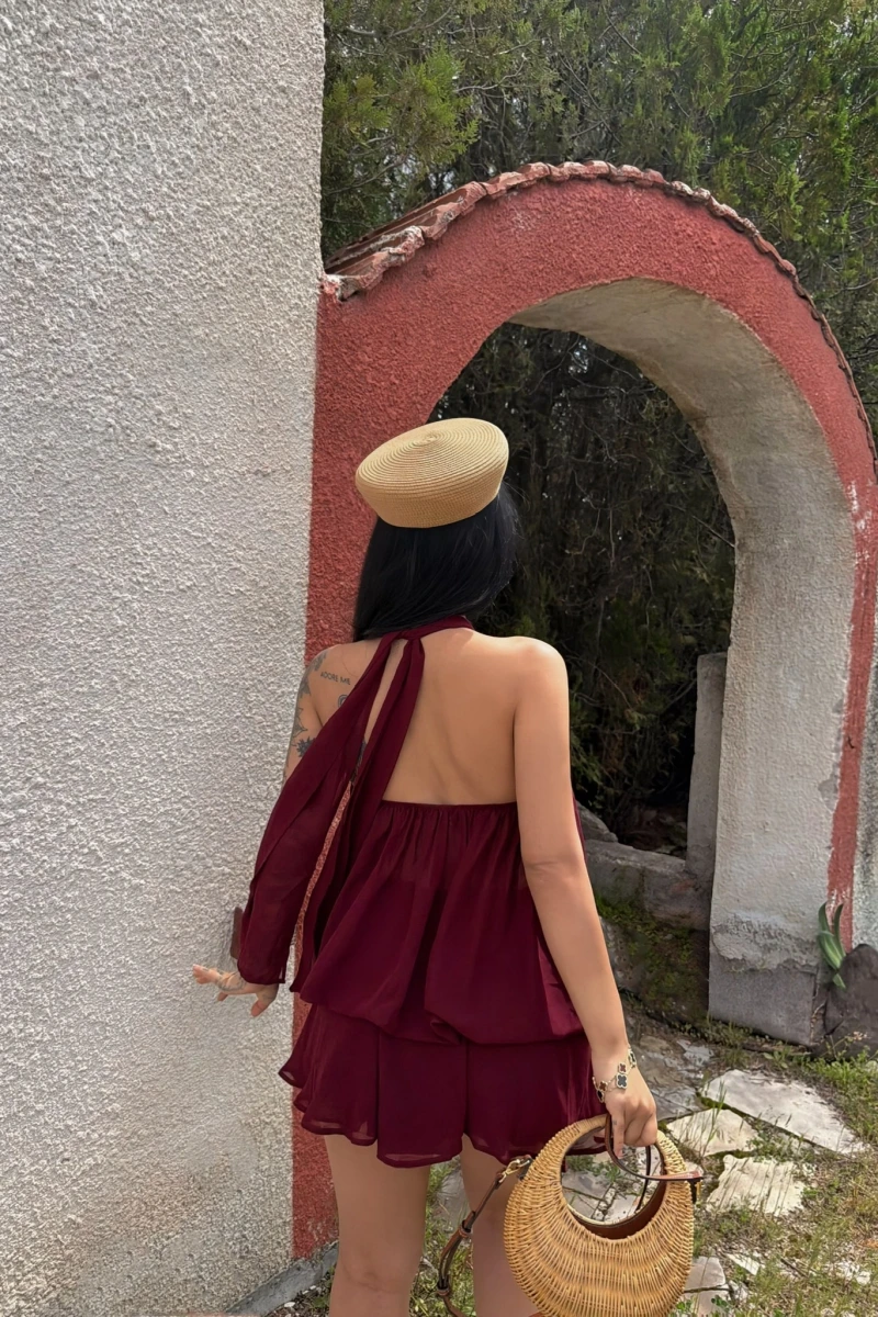 Bordo Şifon Boyundan Geçmeli Elbise
