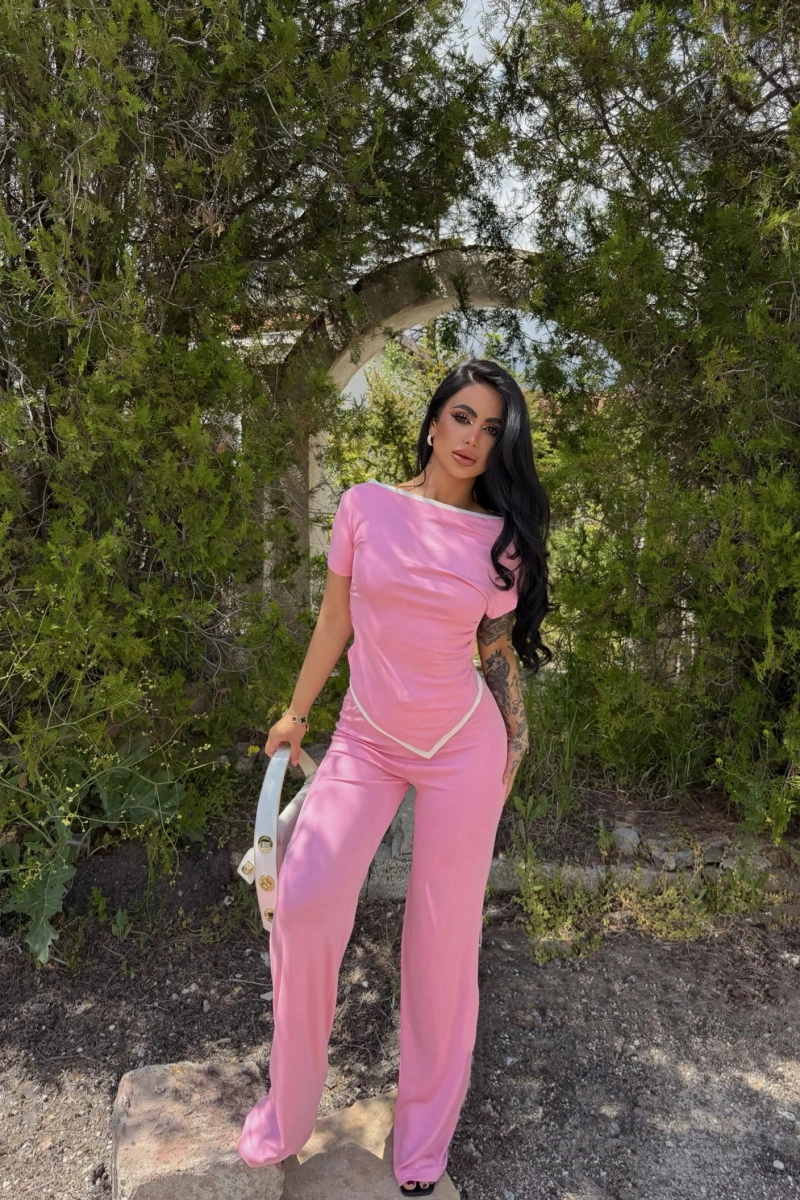 Pembe Biyeli Viskon Asimetrik Takım