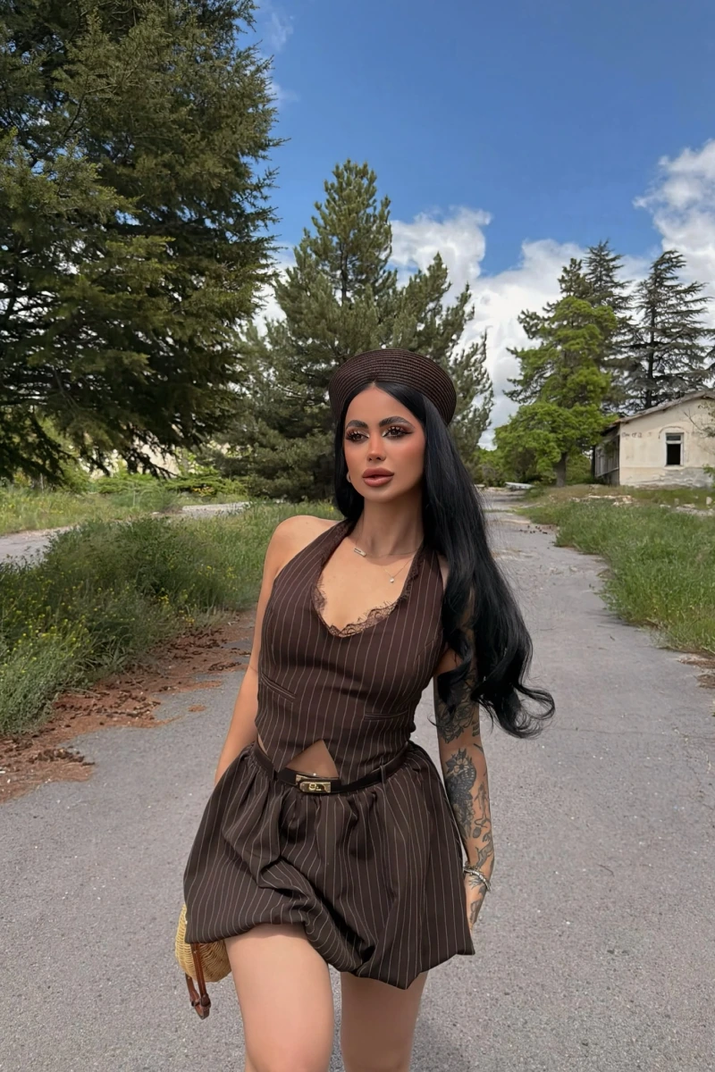 Kahve Çizgili Retro Balon İkili Takım