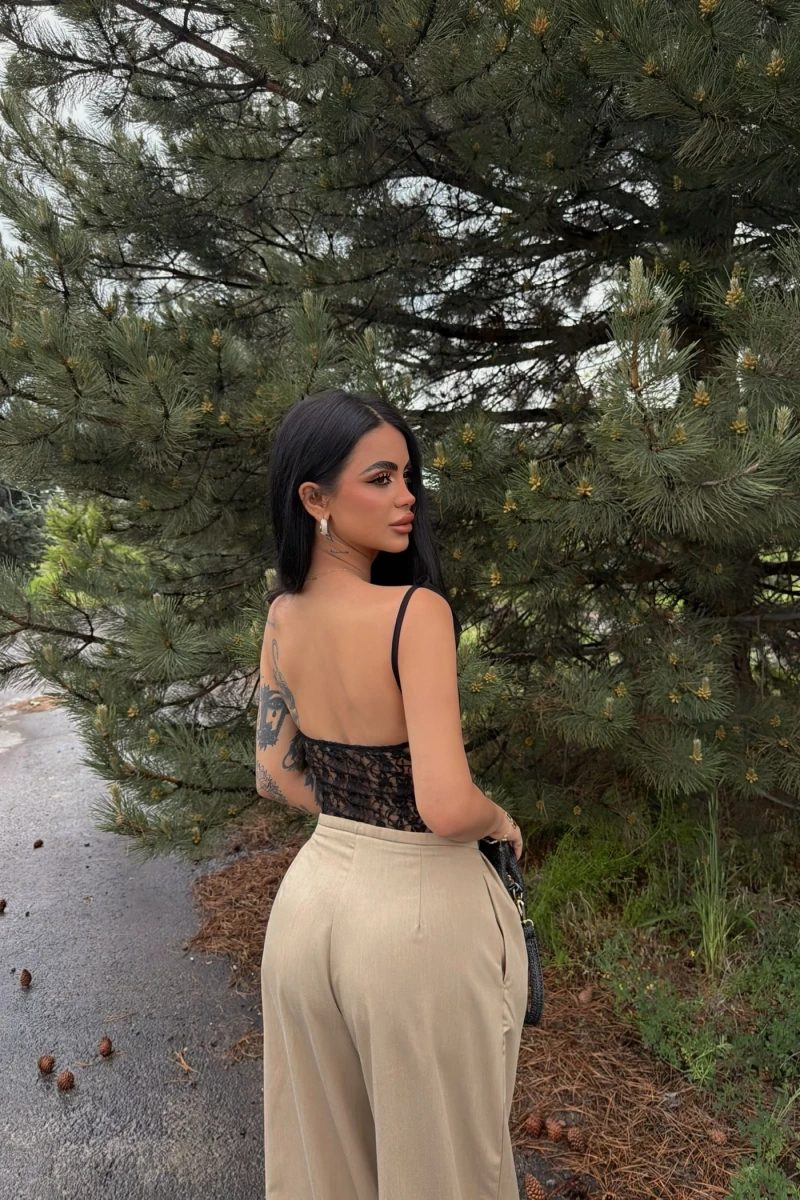 Siyah Angel Güpür Askılı Bodysuit
