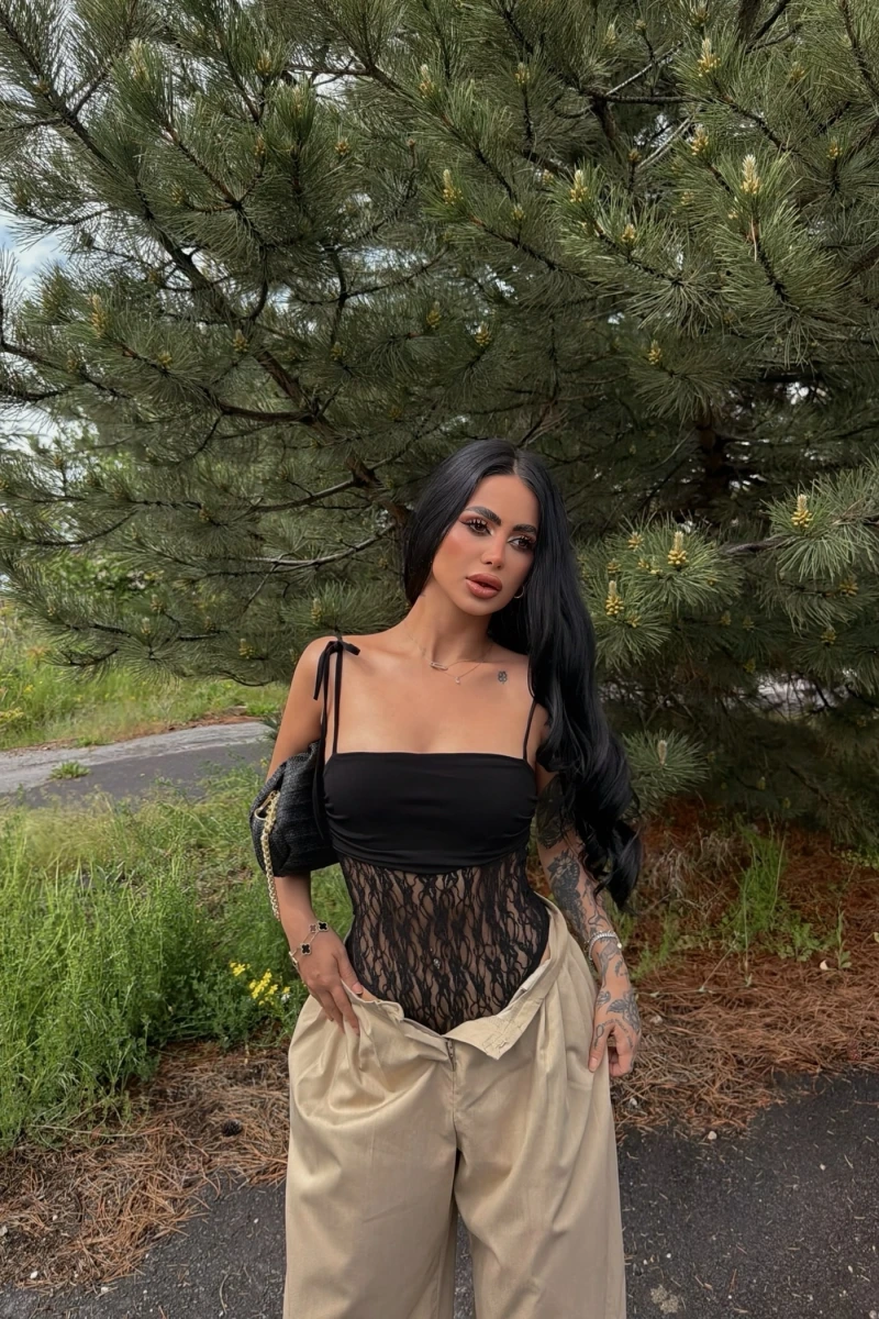 Siyah Angel Güpür Askılı Bodysuit
