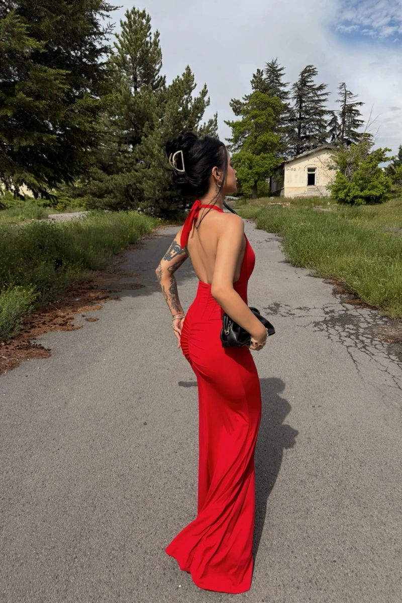 Kırmızı Bel Korseli Maxi Elbise