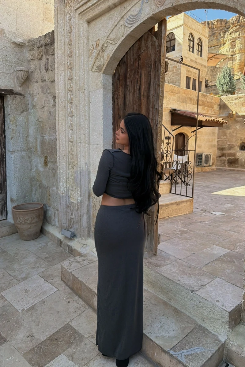 Antrasit Crop Top Etek İkili Takım