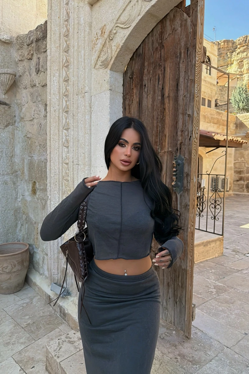 Antrasit Crop Top Etek İkili Takım