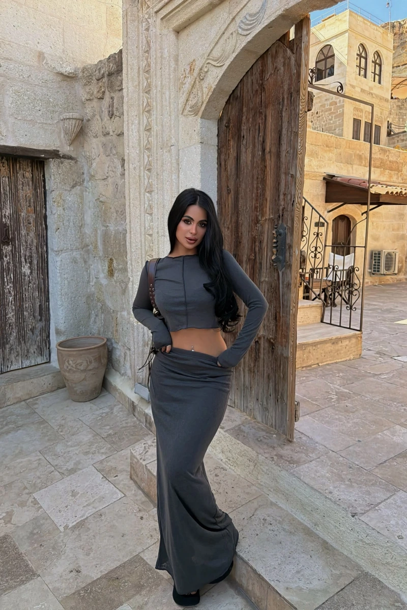 Antrasit Crop Top Etek İkili Takım