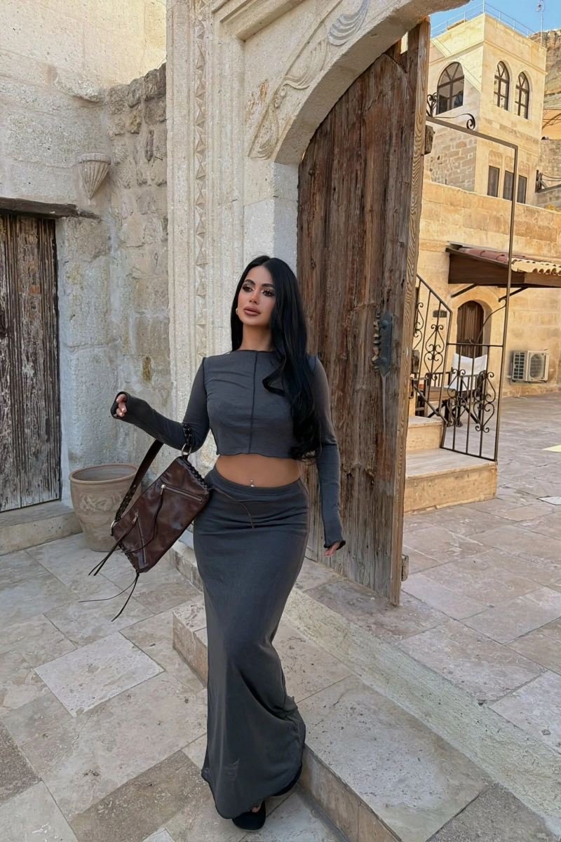 Antrasit Crop Top Etek İkili Takım