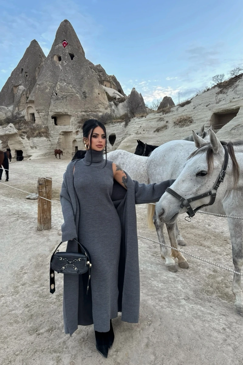 Antrasit Elbise Hırka Triko İkili Takım