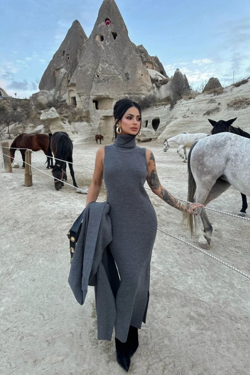Antrasit Elbise Hırka Triko İkili Takım