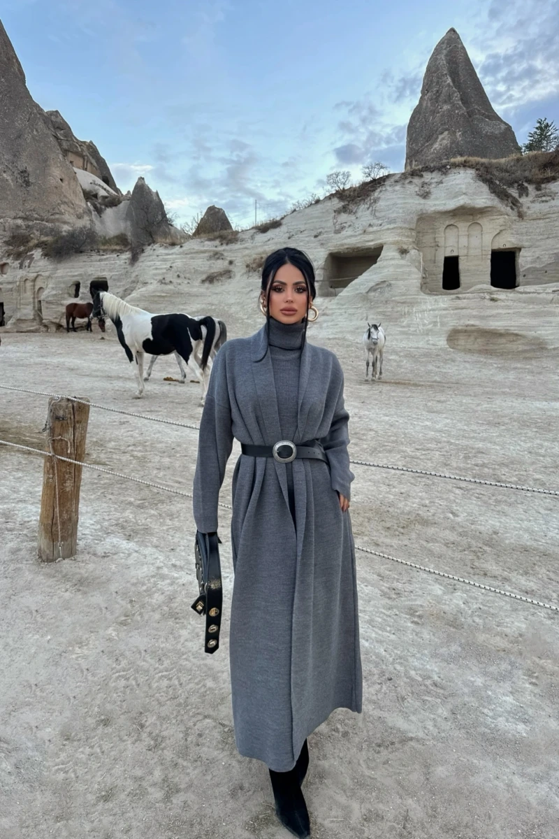 Antrasit Elbise Hırka Triko İkili Takım