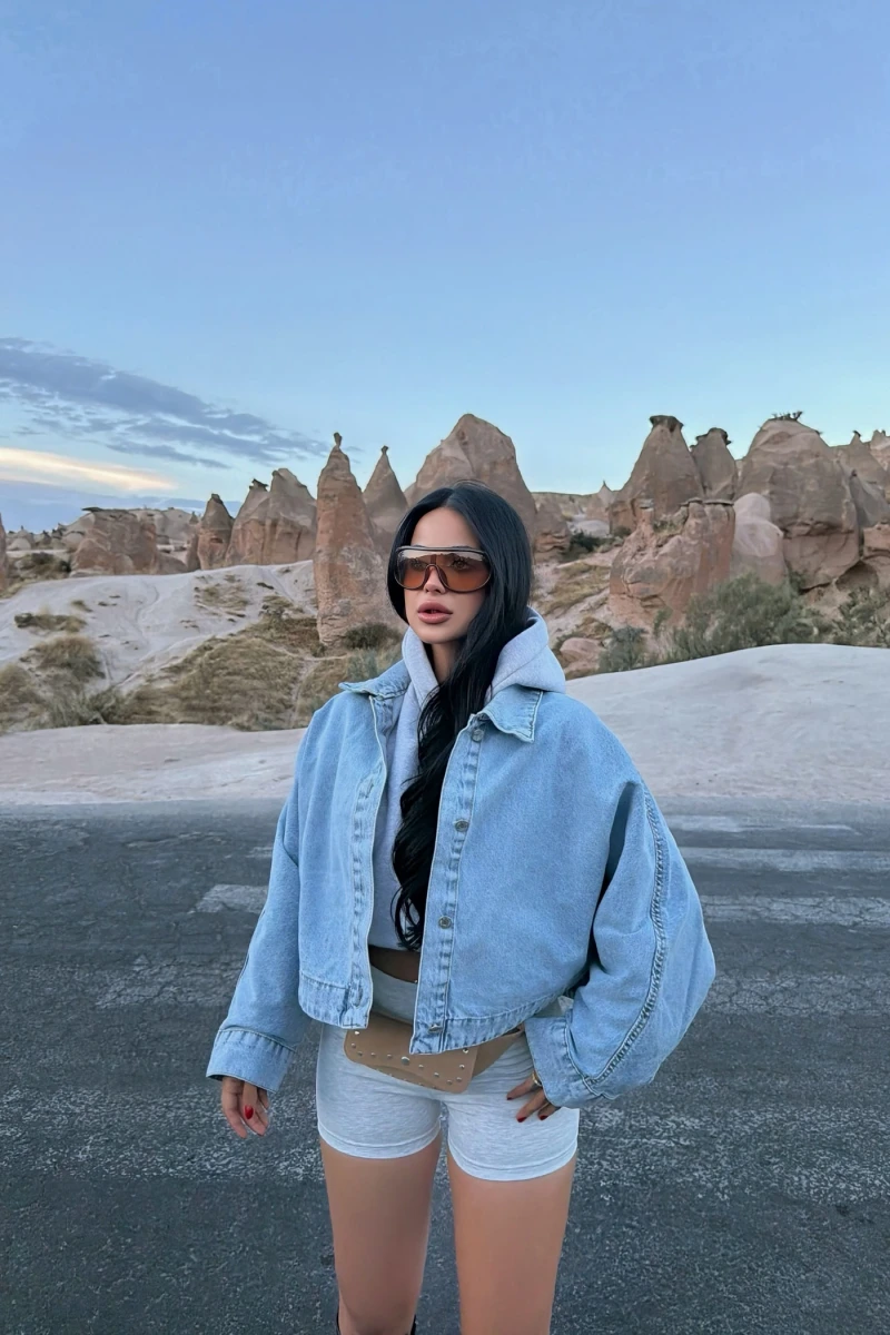 Balon Kollu Cropped Denim Ceket