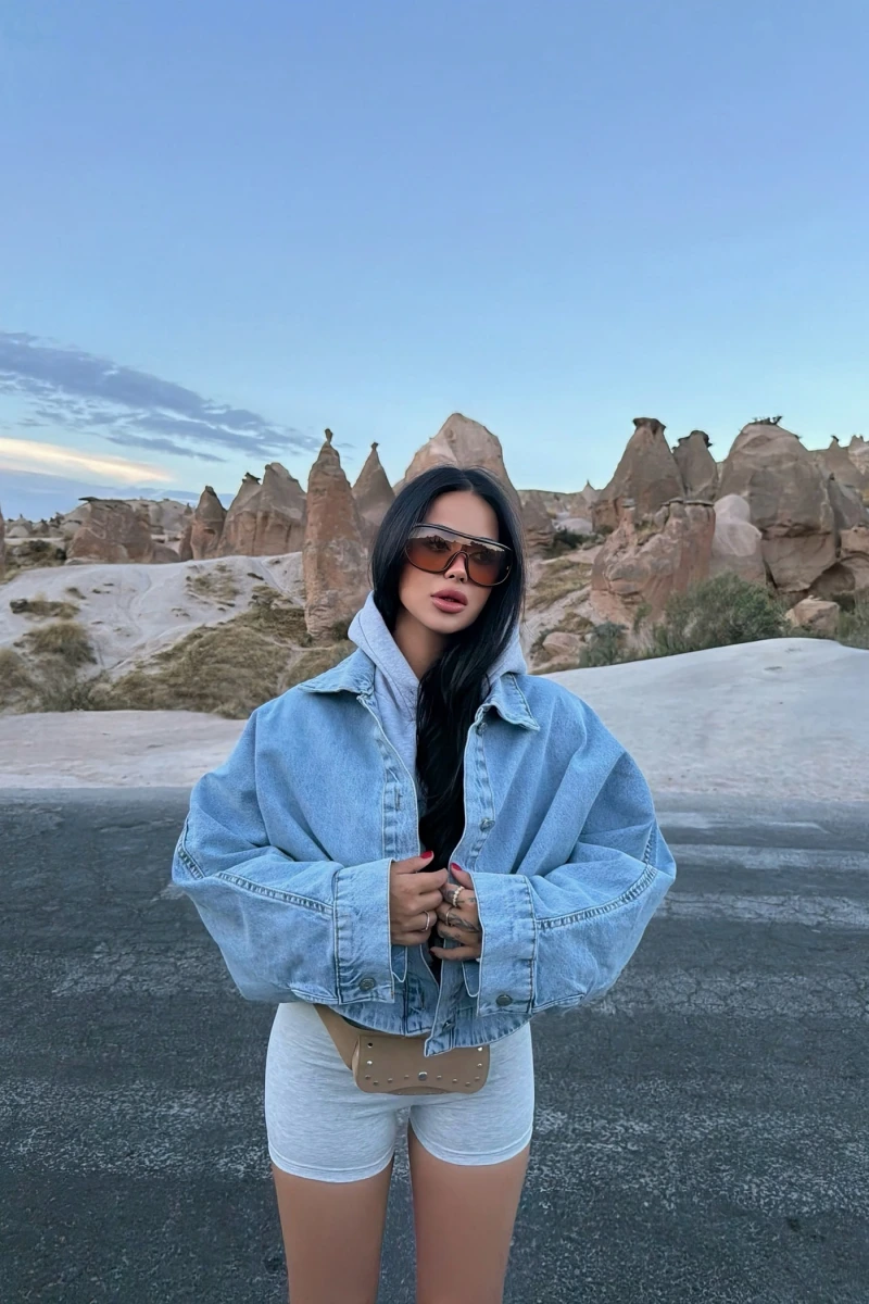 Balon Kollu Cropped Denim Ceket