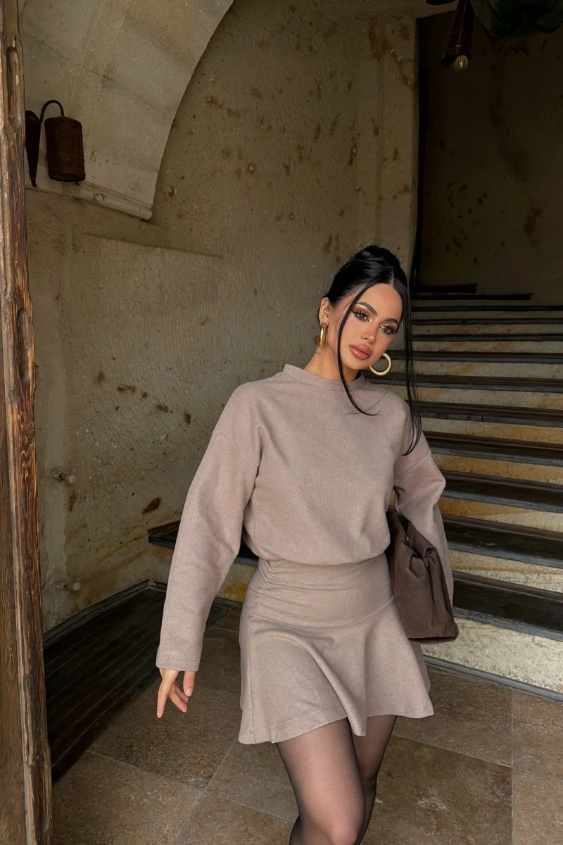 Bej Bel Büzgülü Selanik Elbise