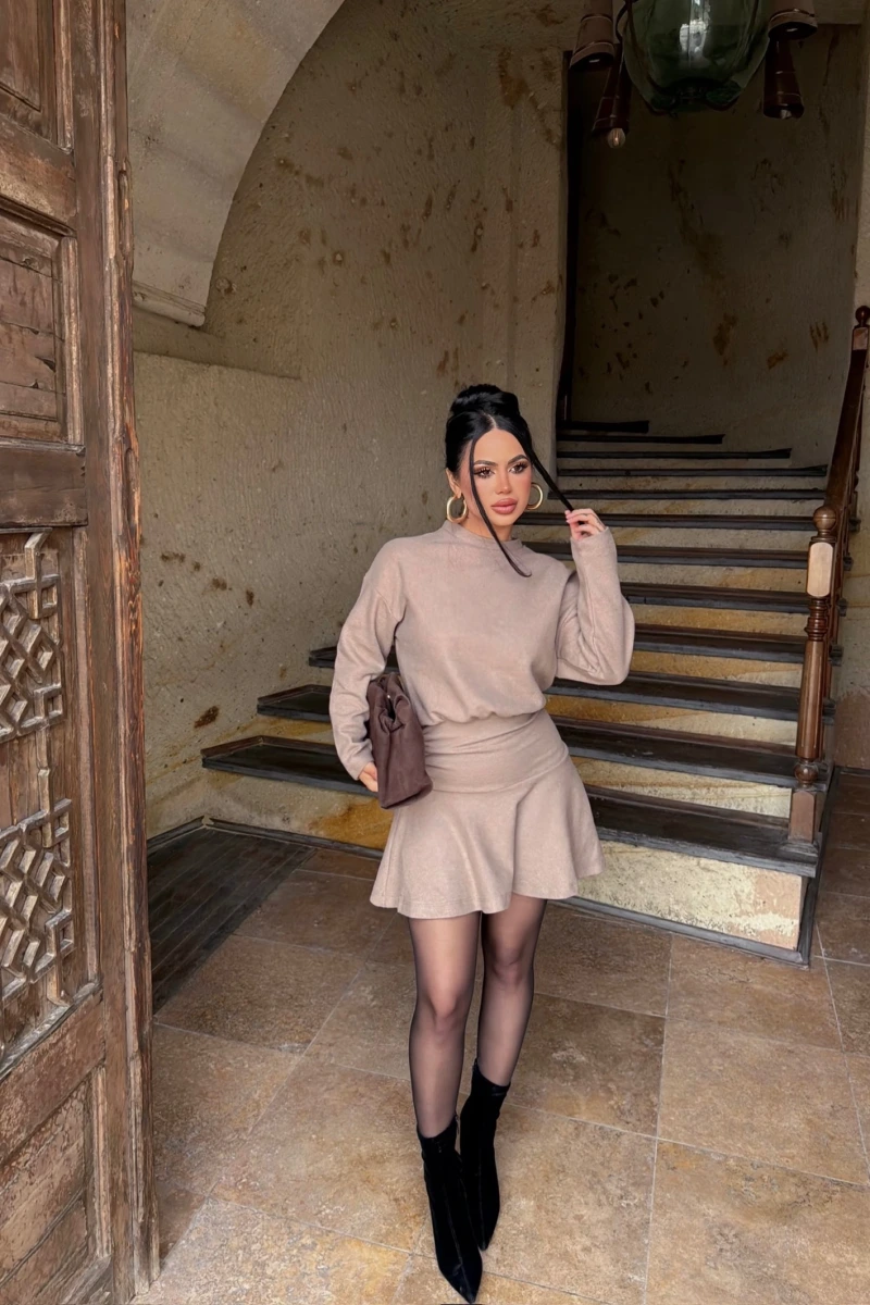 Bej Bel Büzgülü Selanik Elbise