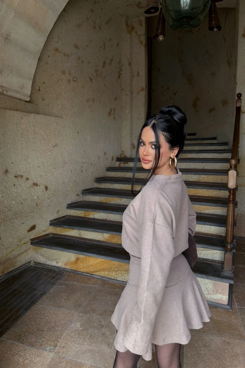 Bej Bel Büzgülü Selanik Elbise