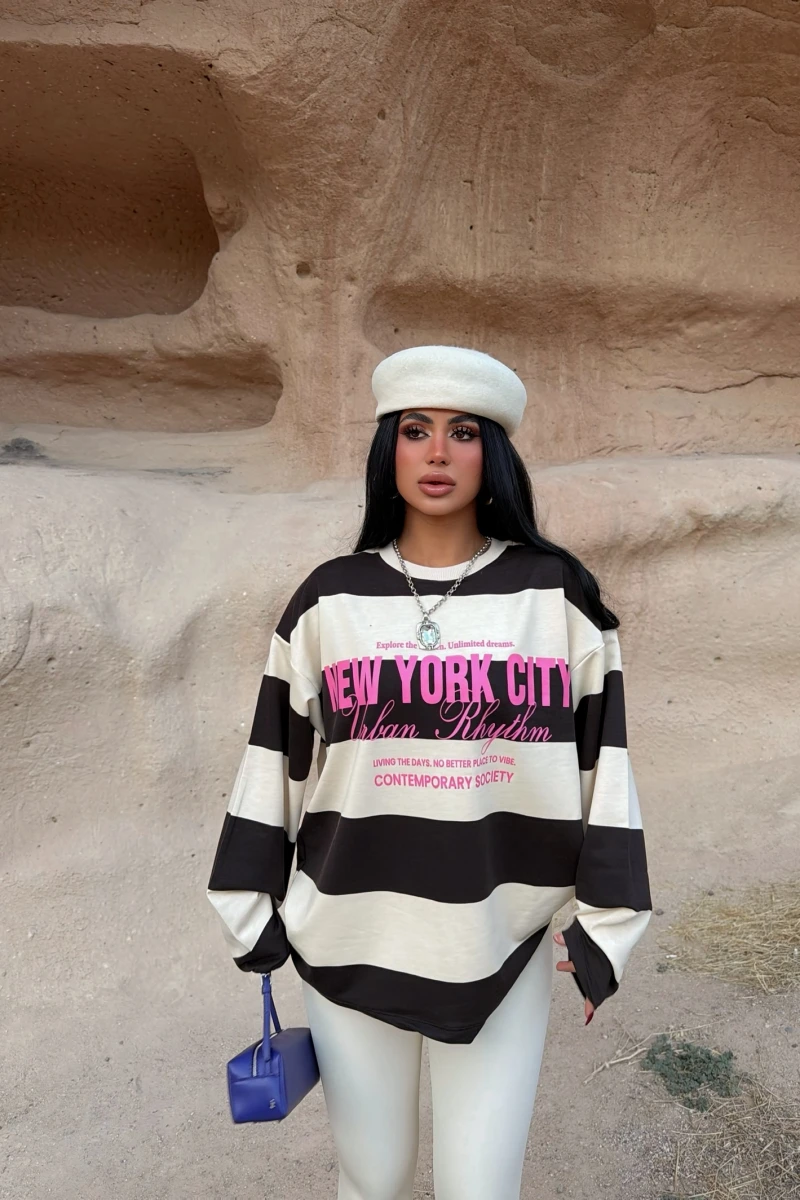 Bej Dreams Çizgili Sweat