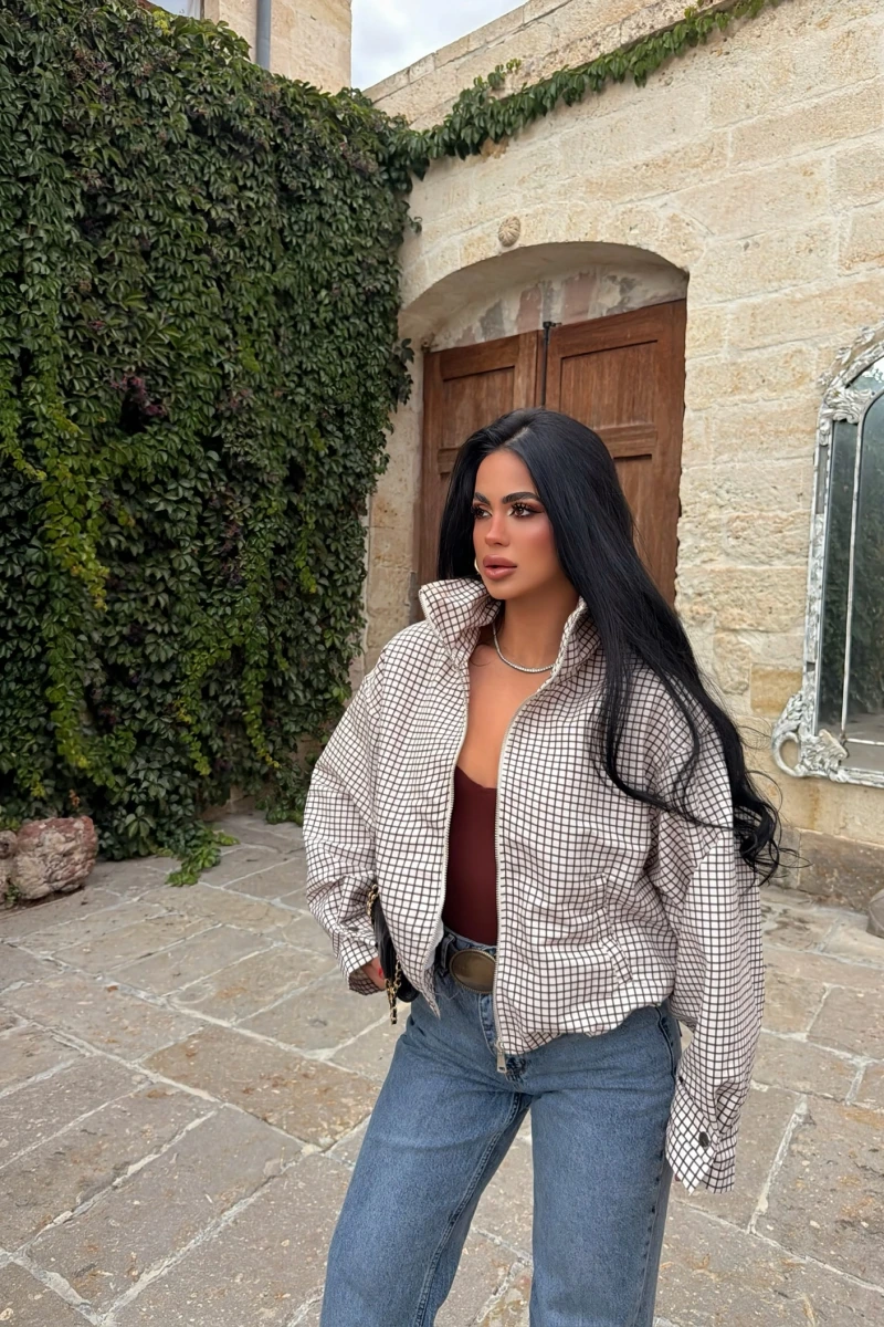 Bej Lora Ekose Bomber Ceket
