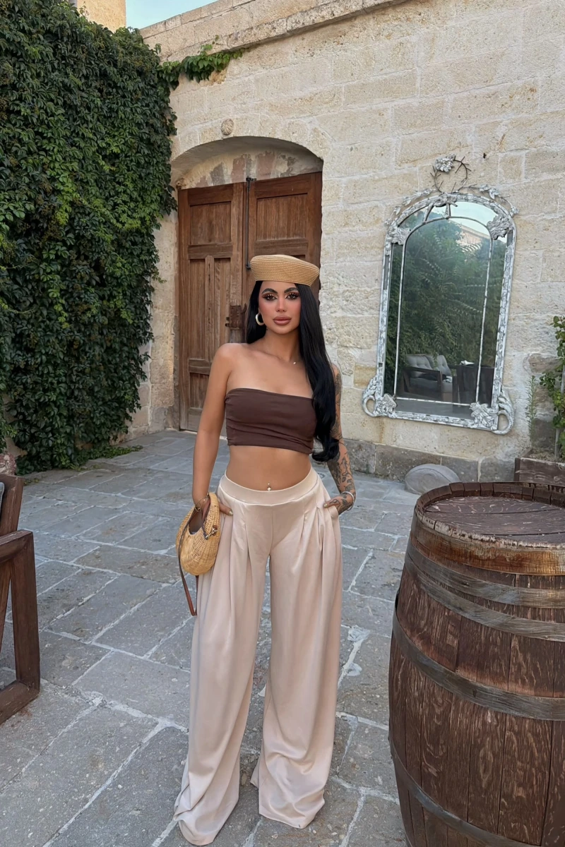 Bej Modal Pileli Palazzo Pantolon