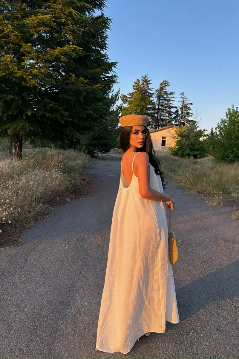 Beyaz Alina Müslin Salaş Elbise
