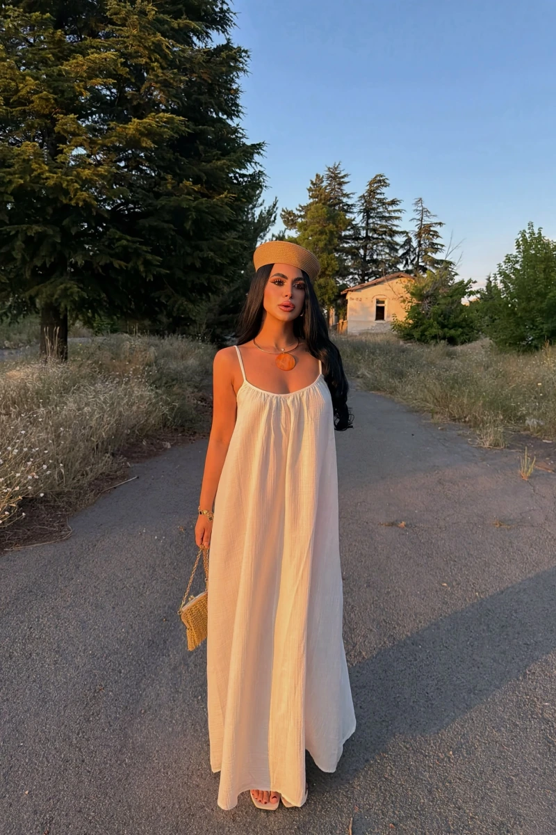 Beyaz Alina Müslin Salaş Elbise