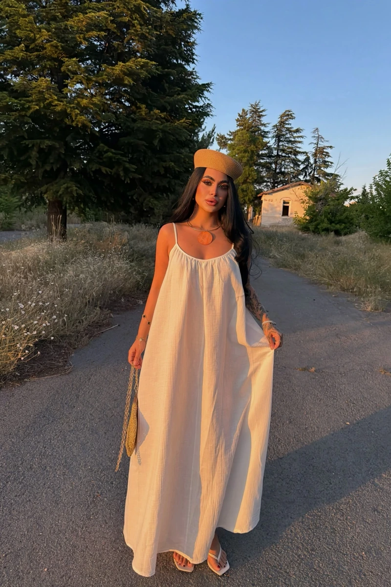 Beyaz Alina Müslin Salaş Elbise