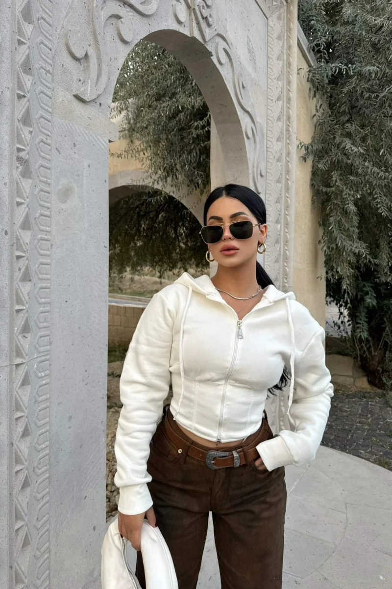 Beyaz Bel Korseli Kapşonlu Hırka