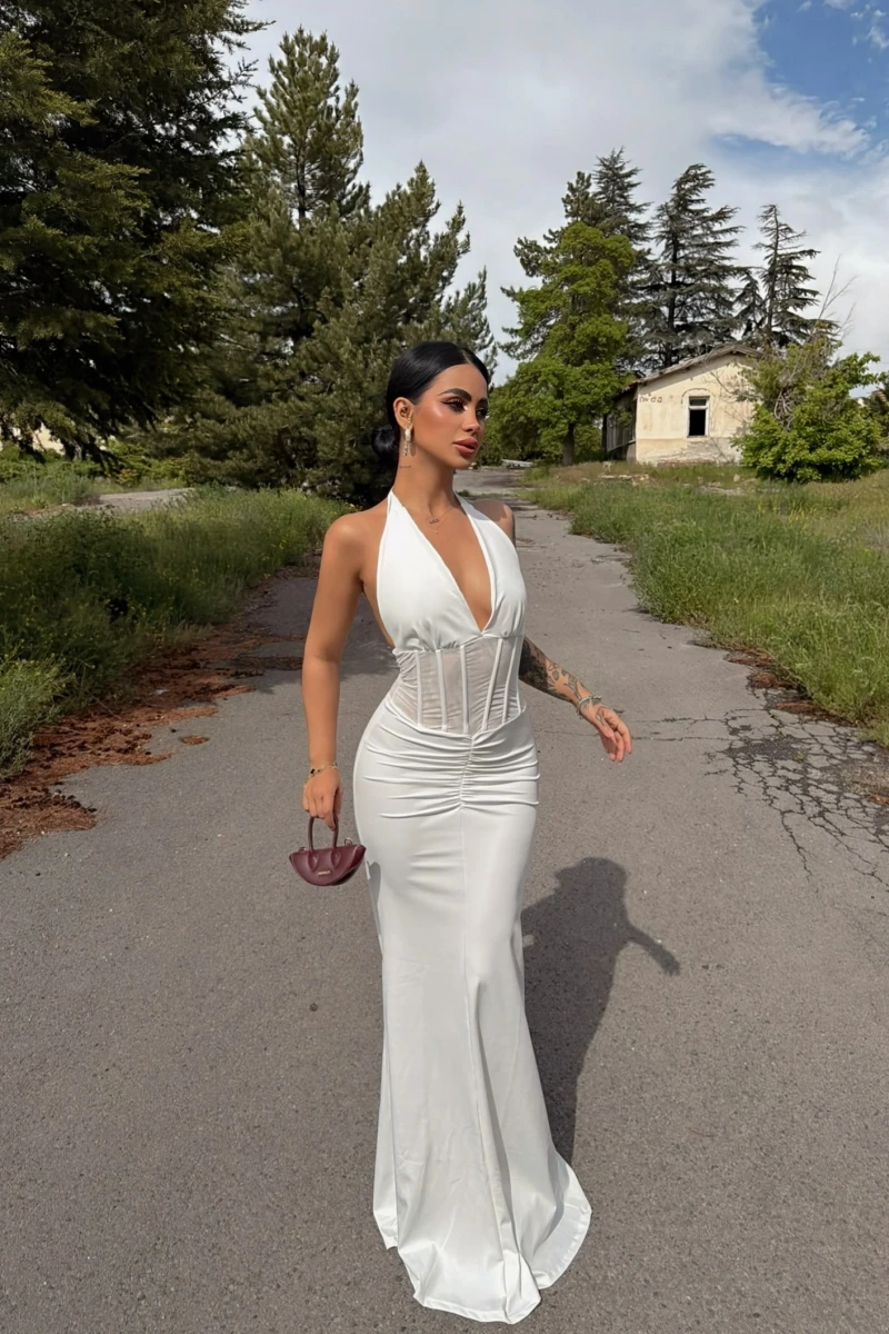 Beyaz Bel Korseli Maxi Elbise