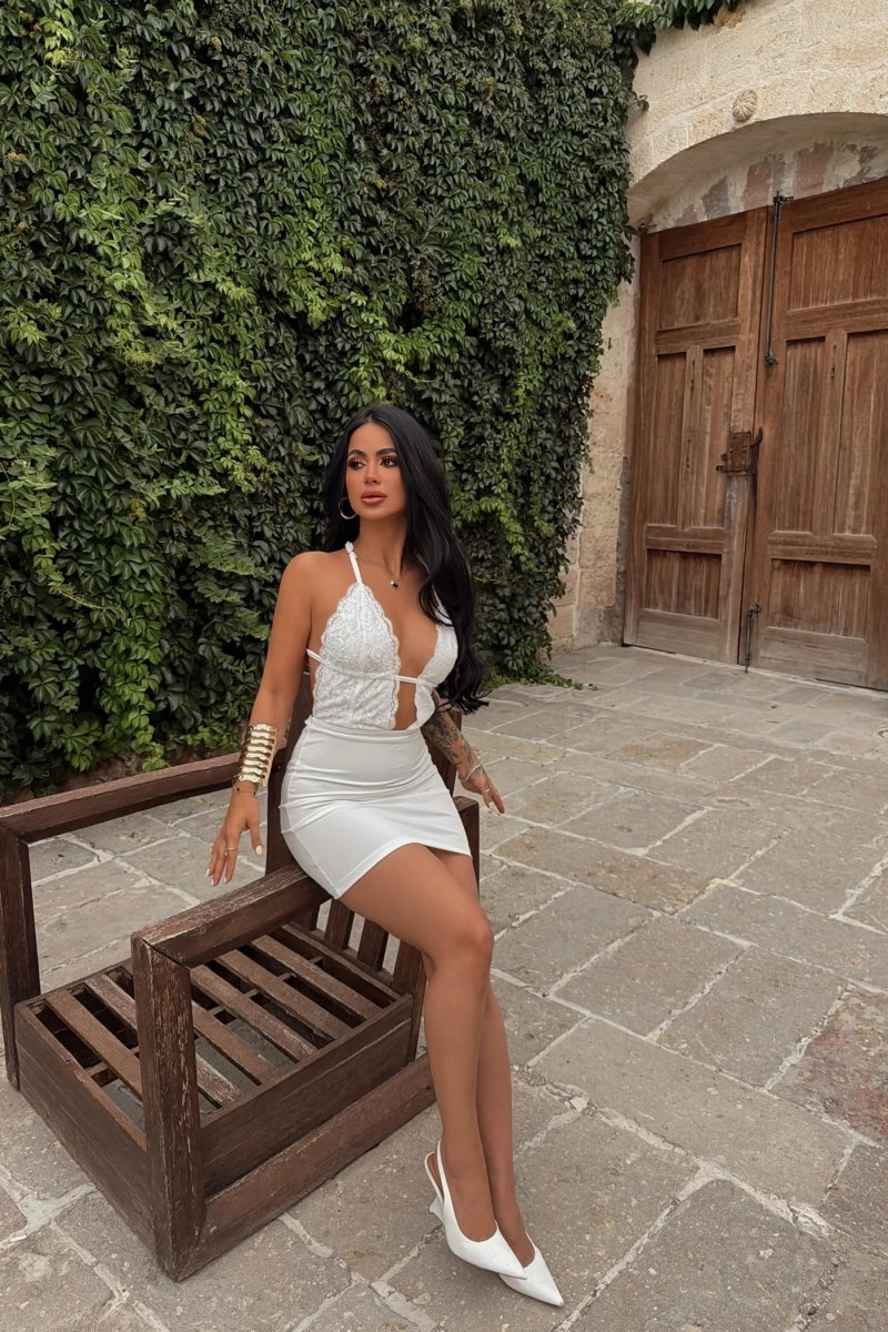 Beyaz Livia Drapeli Mini Elbise