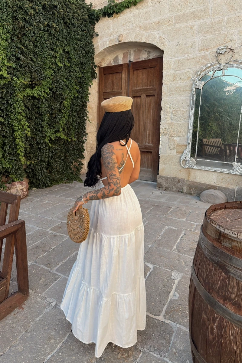 Beyaz Mirelle Askılı Keten Elbise