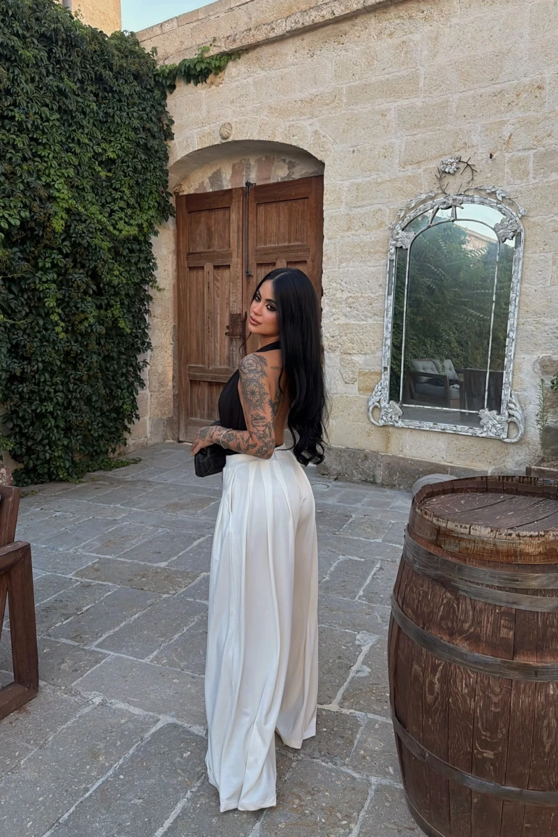 Beyaz Modal Pileli Palazzo Pantolon