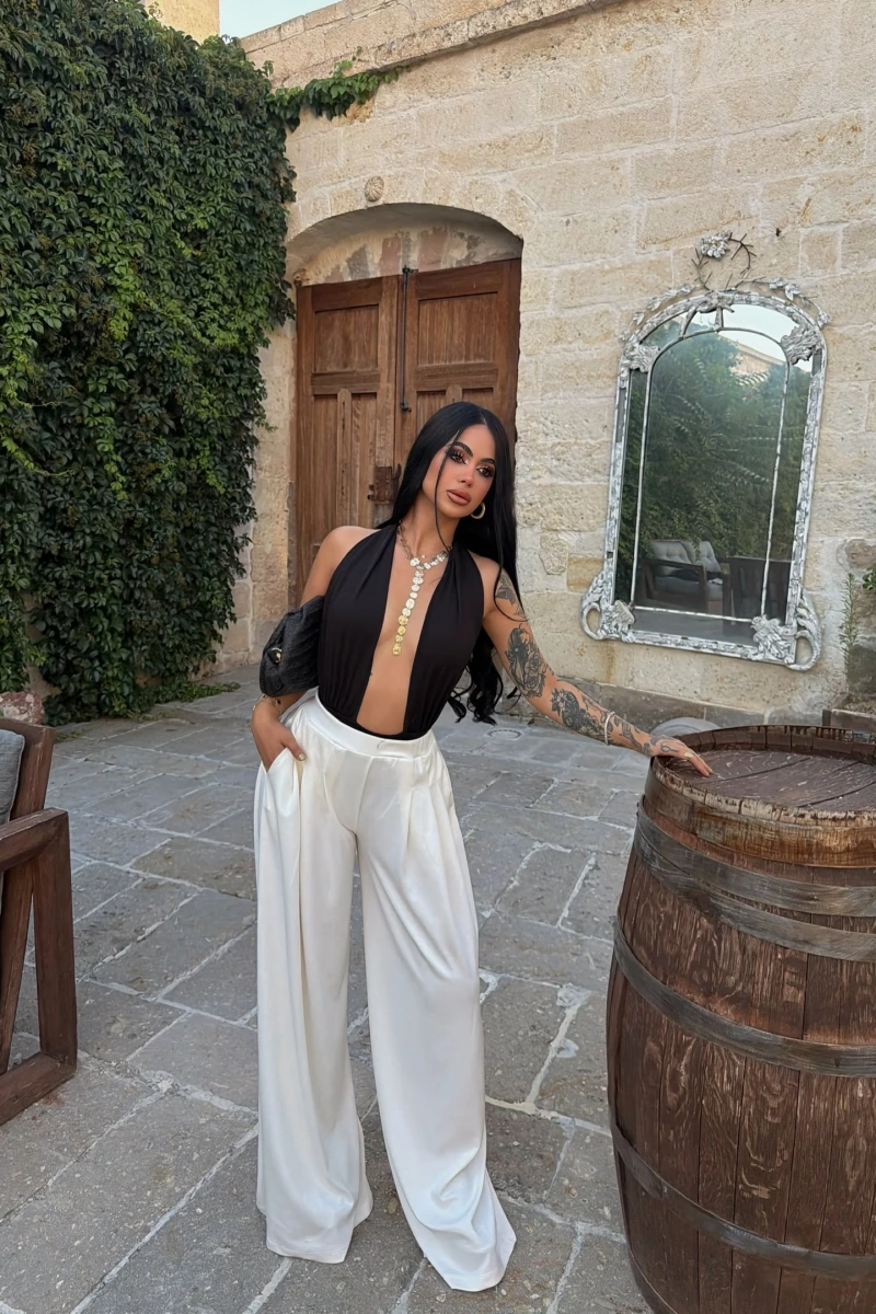 Beyaz Modal Pileli Palazzo Pantolon
