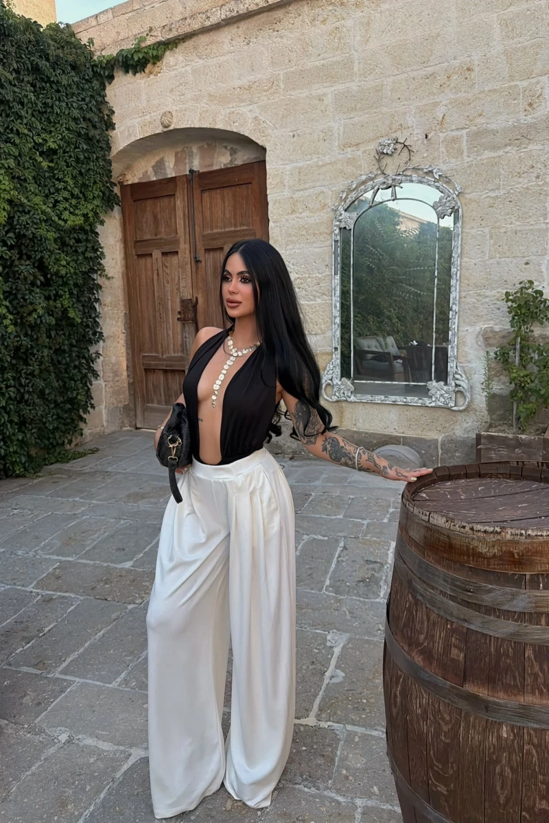 Beyaz Modal Pileli Palazzo Pantolon