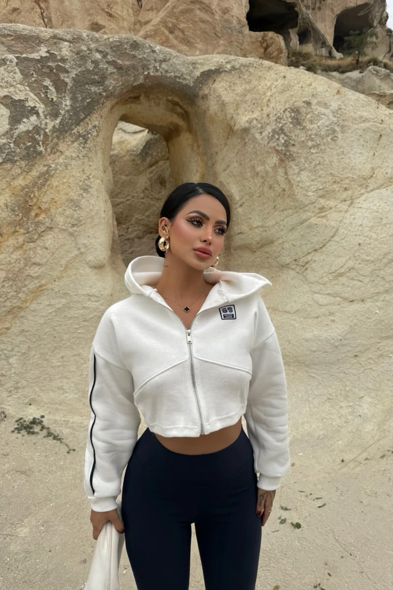 Beyaz Nyc Korseli Fermuarlı Sweat