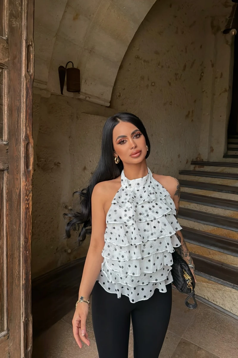 Beyaz Puantiyeli Kat Kat Bluz