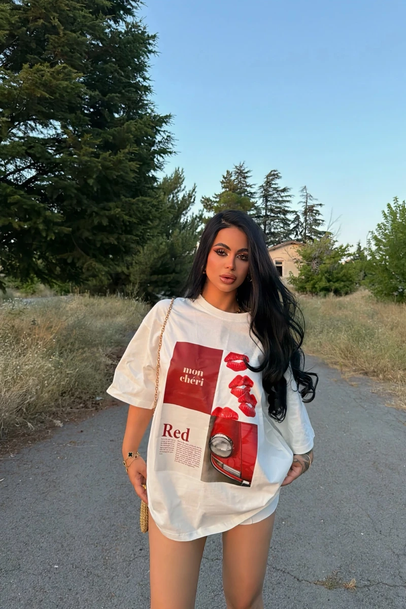 Beyaz Red Oversize Baskı Tişört