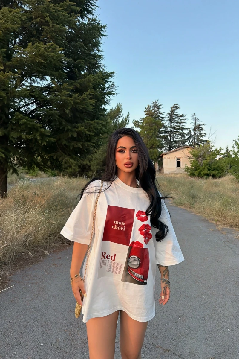 Beyaz Red Oversize Baskı Tişört