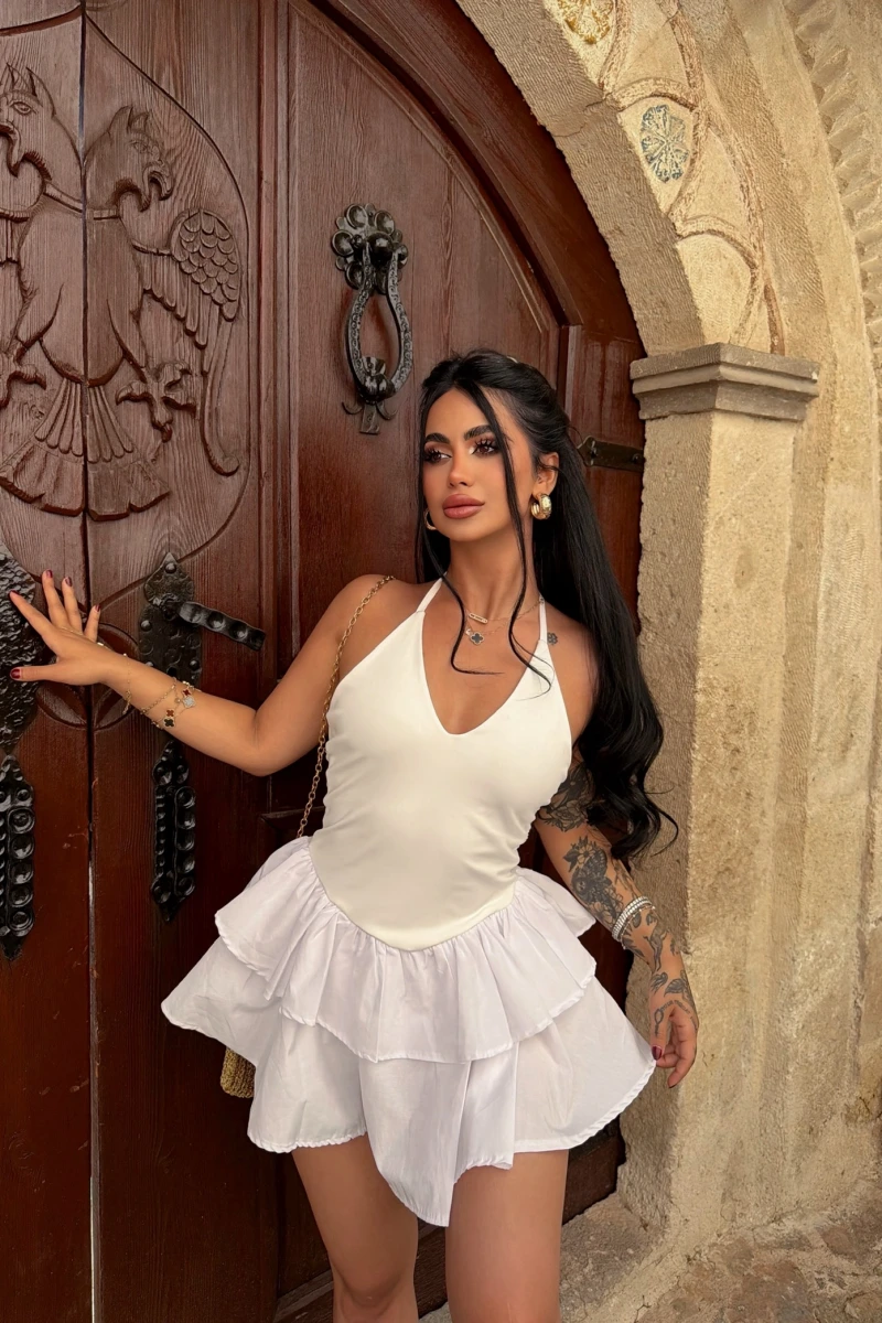 Beyaz Stella Eteği Şortlu Elbise