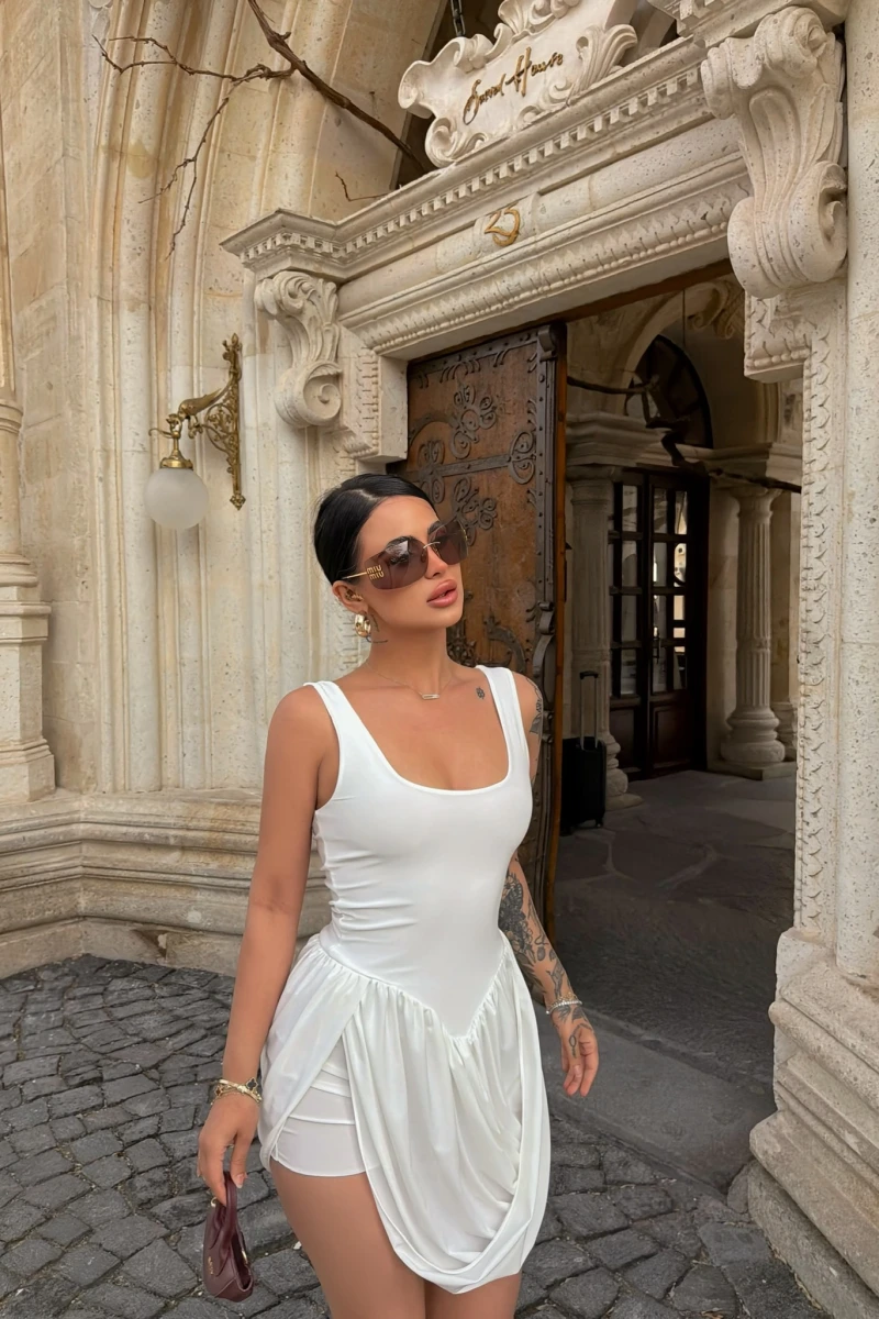 Beyaz Verona Drapeli Elbise