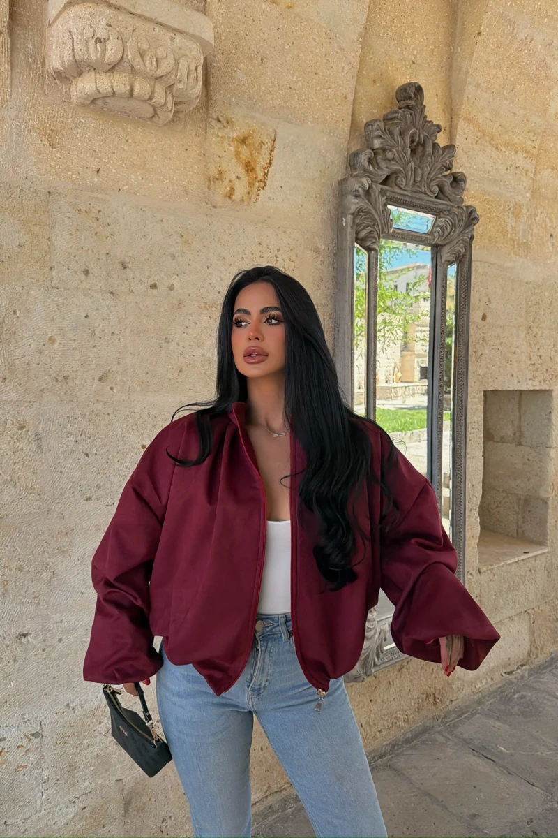 Bordo Balon Kol Süet Bomber Ceket