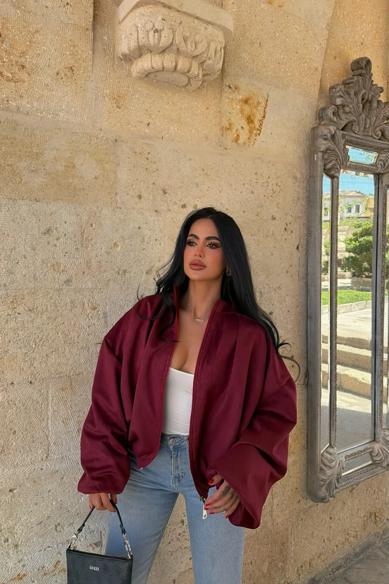 Bordo Balon Kol Süet Bomber Ceket