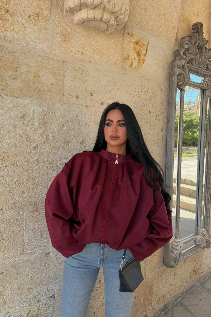 Bordo Balon Kol Süet Bomber Ceket