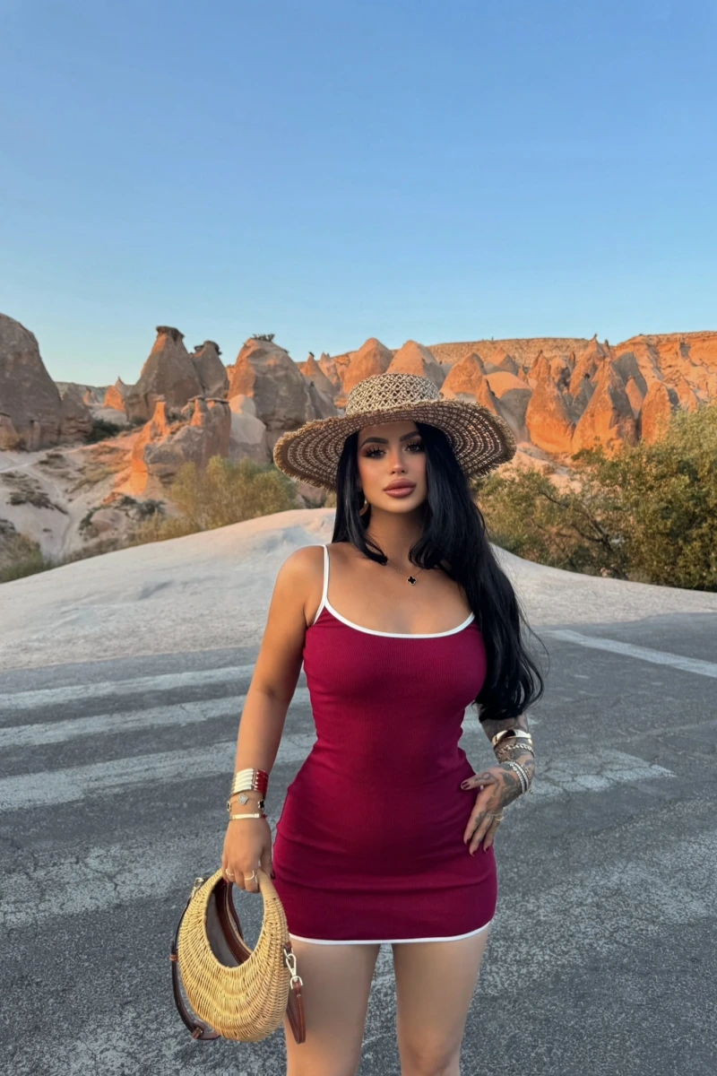 Bordo Biyeli Mini Kaşkorse Elbise