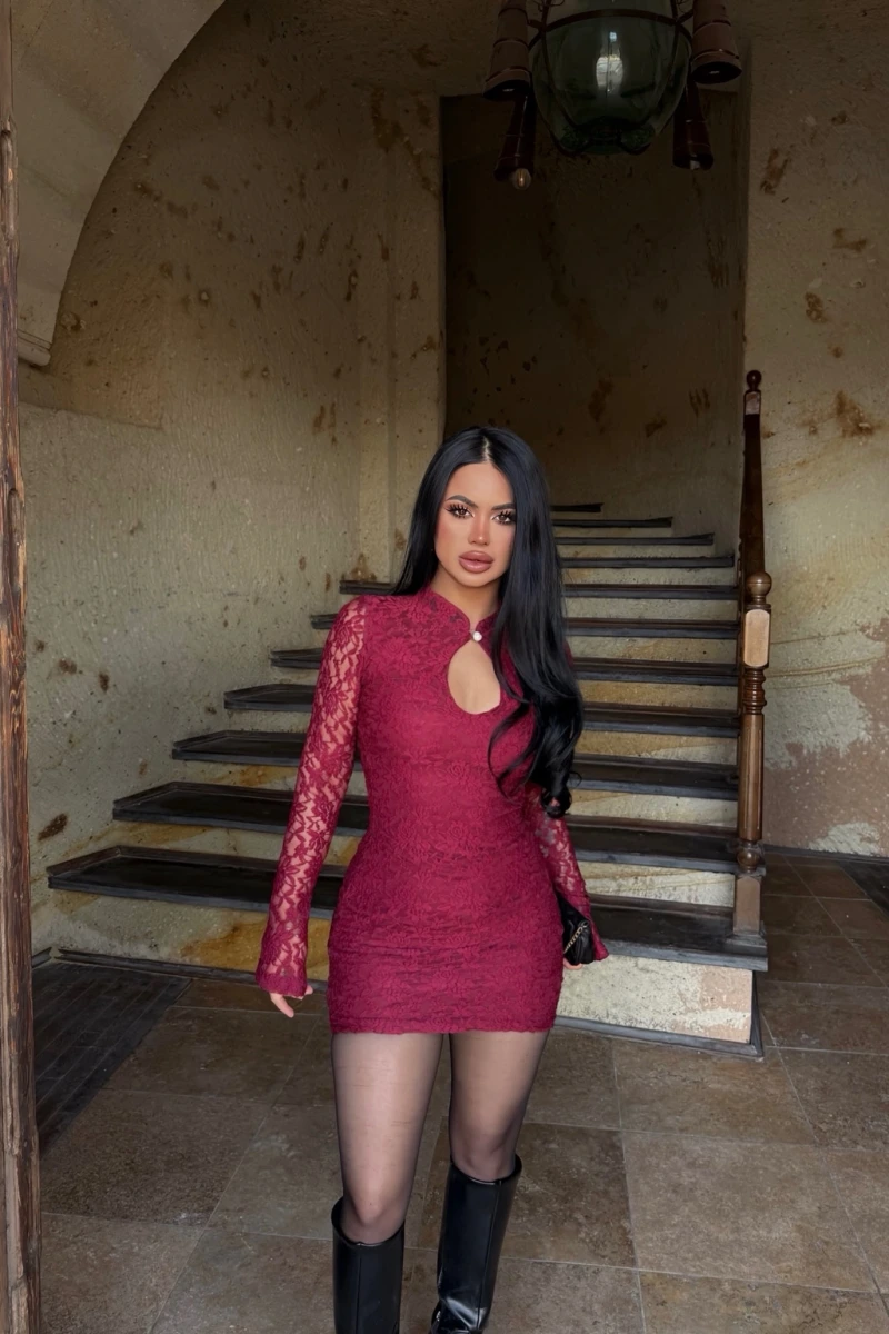 Bordo Damla Yaka Dantel Detay Elbise